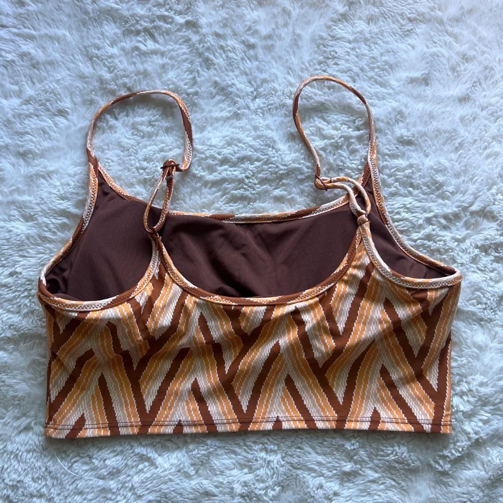 Aerie Real Good Orange Brown Chevron Geometric Scoop Neck Bikini Top Small NWOT